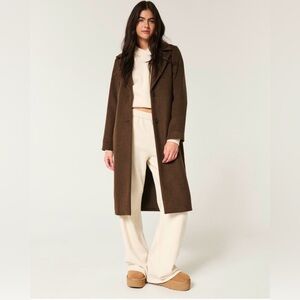 NWT Hollister Wool Blend Longline Button Coat Dark Heather / Chocolate Brown
